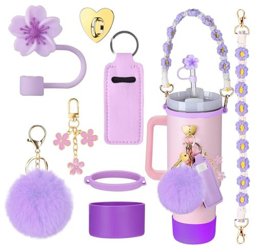 Stanley Cup Accessories Set 8 Pieces Accesorios Stanley Cup Incluye Cubierta de Paja Stanley,Correa para Mango de Botella de Agua para Stanley Cup 30/40oz Tumbler (Morado)