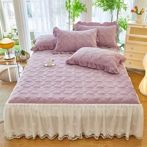 Mesnt Spannbettlaken 180x200cm, Blumenmuster mit bestickter Spitze Bettrock Bettvolant aus Samt MatratzenüBerzug, Atmungsaktiv und bequem, Lila