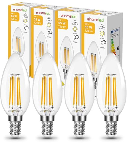 ehomeled E14 LED Filament Kerzenlampe Warmweiß 2700K, Klares Glas, 720lm 6W (=55W), Retro Vintage Glühbirne, Nicht Dimmbar, Für Kronleuchter & Deko, 4er-Pack