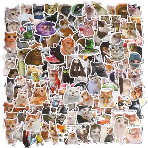 saerryor 145 Pcs Cat Meme Stickers Set, Waterproof Self-Adhesive Aesthetic Cute Funny Cat Decals Sticker for Kindle Bottle Laptop Scrapbook Phone Luggage