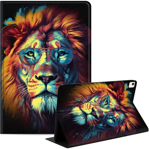 Schutzhülle für iPad Air 13 Zoll (M3/M2) 2025/2024, iPad Pro 12.9 Hülle 6/5. Generation (2021 2022 Release), schlanke PU-Leder-Ständer, mit automatischer Wake/Sleep, Löwe mit Brille