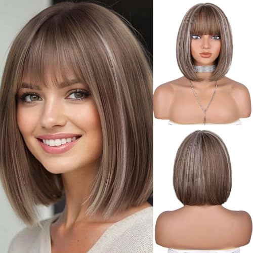 Fulang Hair Ombre Blond Bob Perücken Mit Pony Kurze Glatte Blonde Perücken Damen, Schulter Lange Bob Perücke Mit Pony, Natürliche Haare Synthetische Perücke Für Den Täglichen Gebrauch