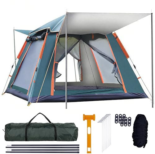 Campingzelt Automatisches Sofortzelt für 3-4 Personen Pop Up Ultraleichtes grünes Kuppelzelt 4 Jahreszeiten Wasserdicht & Winddicht & Sonnenfest Campingzelt mit Regendichte Abdeckung Camping Hammer