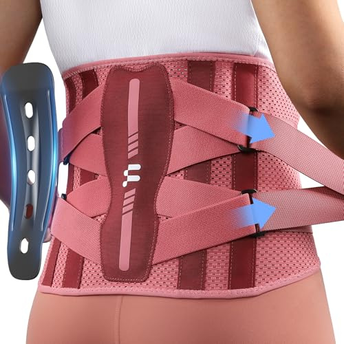 Fitomo Lendenwirbelstütze Rückenstütze mit ergonomischer Unterstützung und Stäben aus Kohlenstofffaser, ultrafeines Netzgewebe, elastischer Lendengürtel für Damen für Arbeit, Haltung, Rot