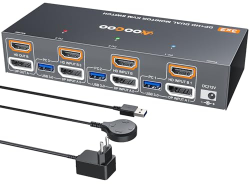 Switch KVM HDMI DP 8K@60Hz, Dual Monitor KVM Switch per 3 PC e 2 monitor con 4 porte USB 3.0, telecomando via cavo, cavo USB incluso, alimentatore di rete