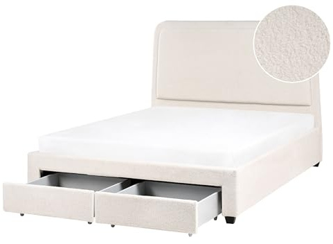 Beliani Scandinavian Boucle Bed with a Headboard EU Double Size 4ft6 Upholstered Teddy with 2 Drawers and Slatted Frame Off-White Sardent