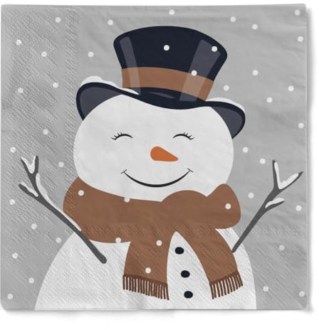 HAPPY PAPER Serviette HAPPY SNOWMAN aus 3-lagigem Tissue, 1/4 Falz, 33x33cm, 20 Stück – lächelnder Schneemann, perfekte Tischdeko für Weihnachtsfeiern