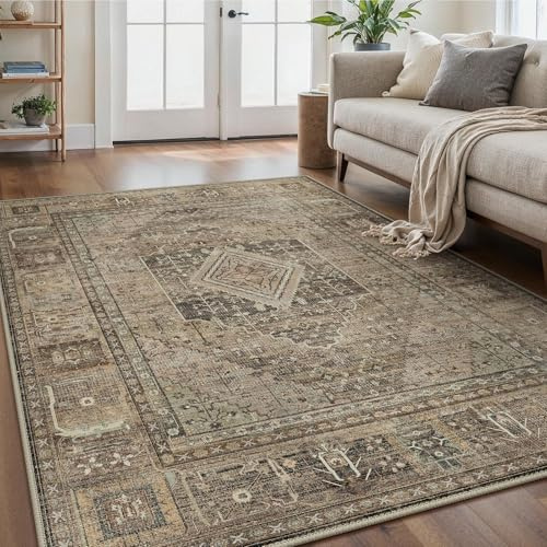 GENIMO Orientalisch Vintage Teppich Sandbraun Waschbar 160x230 cm | Klassisches orientalisches Medaillonmuster in Sandbraun, waschbar und rutschhemmend – für Sofa- und Bettbereich.