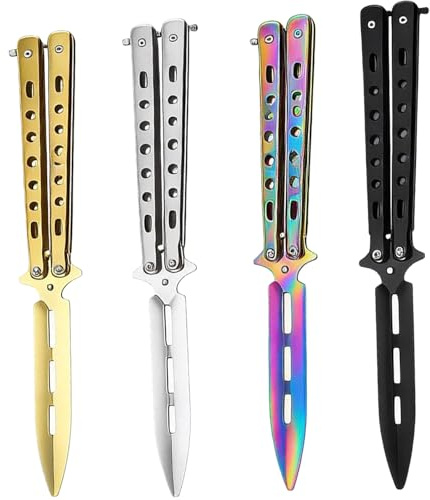 4 Stück Butterfly Messer, Butterfly Trainer, Edelstahl Butterfly Knife Trainer, Ungeschärfte Klinge Übungs Butterfly Kamm für Trainingsmesser Anfänger übt Flipping-Tricks(Black+White+Multicolor+Gold)