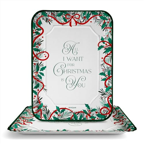 OH YEAH - 2 Unidades - Bandeja Cartón Desechable Navidad All I Want - 35 x 34 cm - Platos, Vasos, Servilletas y Mantel - Decoración Mesa Navideña - Diseño Acebo y Lazos Rojos - Celebraciones Navidad