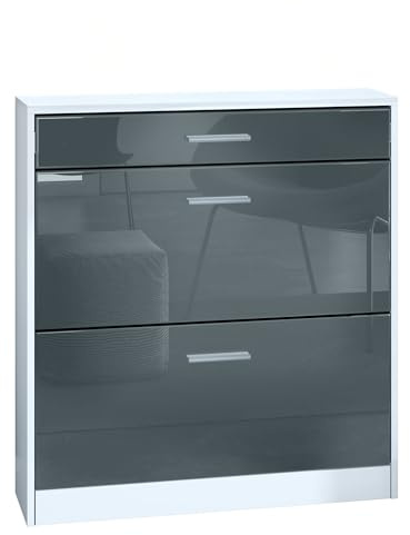 InnoFurn Schuhschrank Roma Schmal mit 2 Klappen und 1 Schublade, Platzsparender Schuhkipper Flurschrank für Diele Flur Garderobe, Weiß matt/Grau Hochglanz (89 x 95,5 x 23 cm)