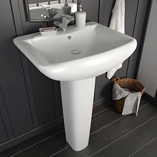 Lavabo autoportant, avec colonne en céramique, blanc, 580 x 470 x 200 mm, pour lavabo, meuble de salle de bain, de qualité supérieure, avec colonne intégrée et pré-percé