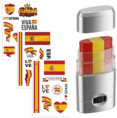Set de Maquillaje Bandera de España 1 Barra de Pintura Facial y 3 Pegatinas de Bandera Española Kit de Animador para Fútbol Baloncesto y Eventos Deportivos Maquillaje para Aficionados