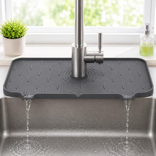 CRYSTAL25 Grey Silicone Sink Faucet Drip Tray Mat – Splash Guard Drain Pad for Kitchen & Bathroom Tap, Anti Slip Sink Organiser, Fast Drying Water Catcher for Countertop Protection