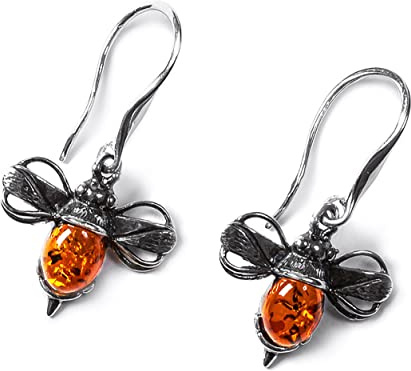 Bumble Bee Ohrringe in Tropfenform Silber und Cognac Bernstein