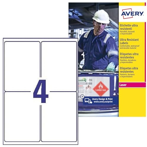 Avery B3483–50 A4 Ultra robuste Wasserdicht GHS Etiketten, bs5609 zertifiziert, für alle Drucker, 105 x 148 mm, weiß