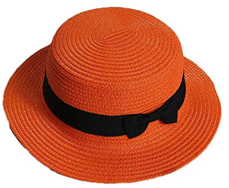 Elonglin Femme et Enfant Chapeau de Paille de Soleil Panama Capeline Chapeau Porkpie avec Nœud Papillon Orange Enfant