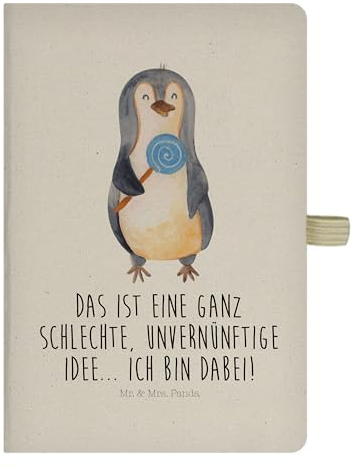 Mr. & Mrs. Panda DIN A6 Baumwoll Notizbuch Pinguin Lolli - Geschenk, Pinguine, Ganove, Skizzenbuch, Tagebuch, Notizen, Notizheft, Adressbuch, Eintragebuch, Kind, Rebell