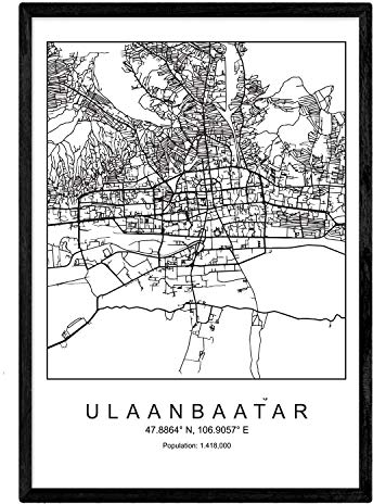Nacnic Drucke Ulaanbaatar Stadtkarte im nordischen Stil schwarz und weiß. A3 Größe Plakat Das Bedruckte Papier Keine 250 gr. Gemälde, Drucke und Poster für Wohnzimmer und Schlafzimmer