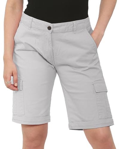 NOROZE Womens Shorts – Ladies Knee Length Chino Style – Women’s Cargo Summer with Pockets – Lightweight Long Stretch Bermuda for Women UK – Casual Fit – Sizes 8 to 20 Stone