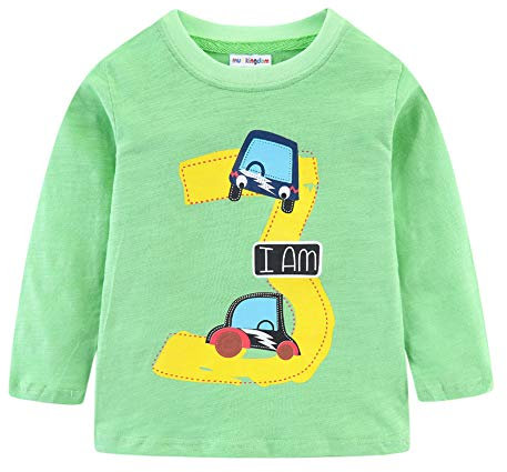 Mud Kingdom Toddler Boys Long Sleeve T-Shirt I am Three Birthday Top Tee for Boy Cars Print Green 3 Years