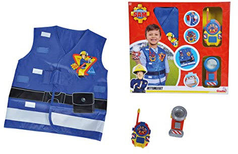 SIMBA - Feuerwehrmann Sam Feuerwehr-Set, Weste mit Druck, Taschenlampe 11 cm, Walkie Talkie 14 cm, ab 3 Jahren