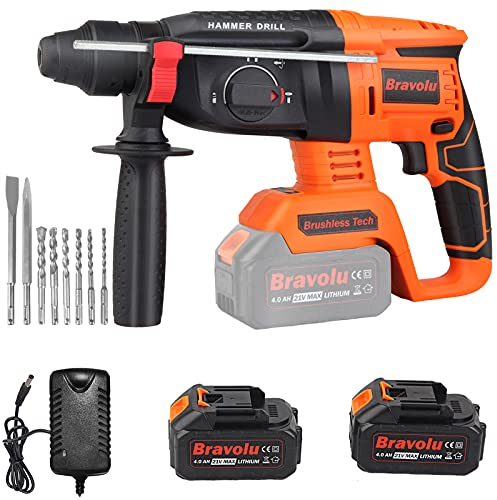Bravolu Martello Perforatore a Batteria Senza Spazzole, Trapano a Percussione 21 V 1-in SDS Plus con Batteria e Caricabatterie da 2 * 4.0Ah,4 Modalità e Velocità Variabile, 6 Trapani e 2 Scalpelli