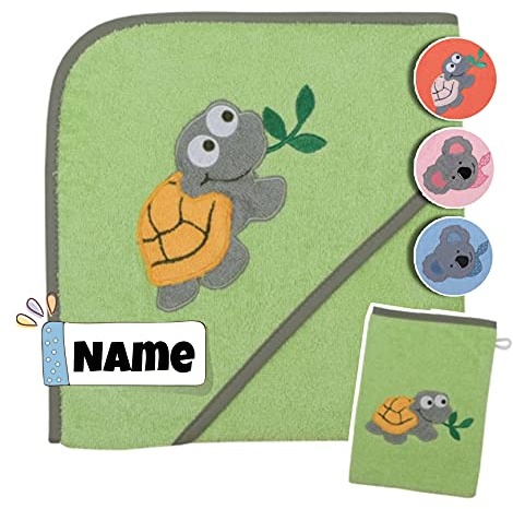 Baby Kapuzenhandtuch Set mit Waschlappen | 100% Bio Baumwolle | Baby Handtuch 80 x 80 cm Kapuzenbadetuch | personalisiert mit Name | Baby Badetuch Bestickt mit Namen (Schildkröte Opalgrün)