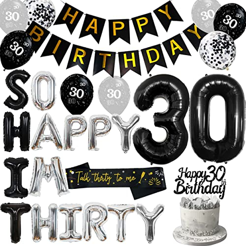 Cheereveal 30. Geburtstag Dekoration Schwarz und Silber So Happy I'm Thirty Lustige 30. Geburtstag Luftballons für Männer Frauen Talk Thirty to Me Schärpe Zahl 30 Folienballon Glitzer Tortenaufsatz