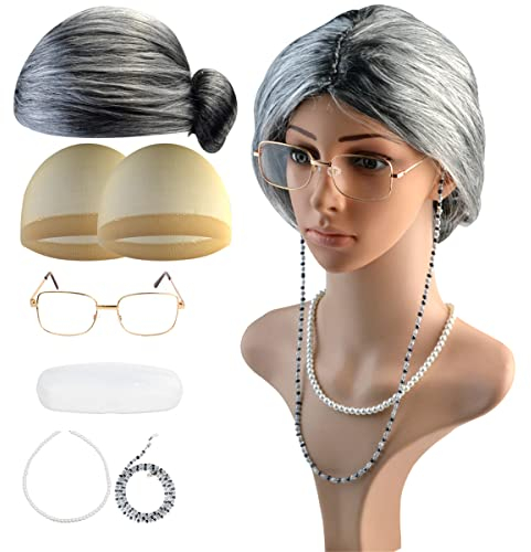 6 Stück Oma Großmutter Perücke Kostüm Set Perücke Kappe Brille Brillen Ketten Perlenkette Zubehör für Cosplay Karneval Halloween Damen Fasching + Brillenetui