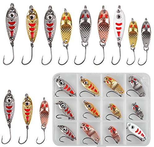 Fishing Lures Spoons Kit, 12pcs Hard Baits Trout Spoon Metal Spinner Lures Single Hook for Trout Pike Bass Crappie Fishing Accessories