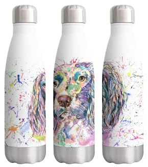 Vixar Spaniel Springer Dog Pet Watercolour rainbow art Bottle double Wall insulated Stainless steel sport Drinks 500ml WHITE Gift ideal for school work office Oudoor sports keeps Hot and Cold Drinks