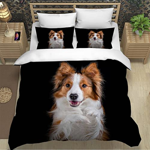 ZXLLO Bettbezüg 135x200 cm Hund 3D Motiv Bettwäsche-Sets kuschelig Leicht Mikrofaser 3 Teilig Border Collie Bettwäsche versteckter Reißverschluss mit 2 Kissenbezug 80x80cm für Jungen Mädchen