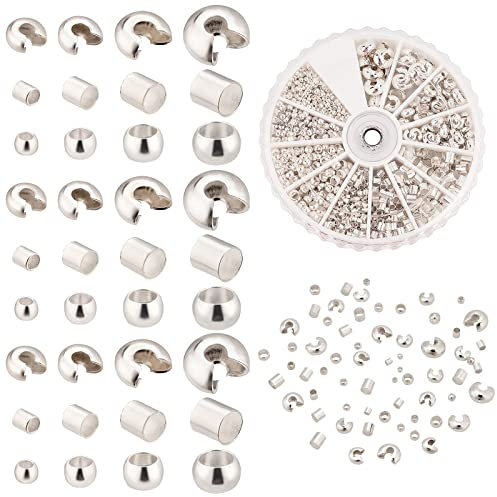 PandaHall 1640 Stück Messingrohr Quetschperlen 3~5 mm Quetschperlen Knotenabdeckungen Quetschperlen Stopper Knoten Abdeckkappen Quetschperlen Für Ohrringe Armbänder Halsketten Schmuck Basteln Silbern