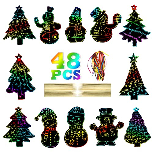 Ctxtqtdt 48 Stück Kratzbilder Weihnachten Deko, Weihnachtsschmuck mit Bändern, Regenbogen Scratch Art Deko Set für Geschenk Weihnachten Erwachsene