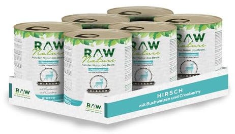 RAW Nature - Hirsch Pur 6X 800g - Mit Buchweizen und Cranberries - Nassfutter für Hunde - Hoher Fleischanteil - Monoprotein - Getreidefreies Hundefutter (6er Pack)