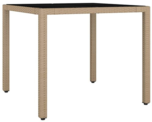 vidaXL Gartentisch, Garten Esstisch mit Glasplatte, Terrassentisch Stahlrahmen, Gartenmöbel Tisch Balkontisch, Beige Poly Rattan Hartglas