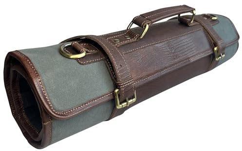 Leather Canvas Knife Roll Storage Bag | Valentines Day Gifts for him her Elastic & Expandable 11 Pockets with Tool Pouch | Adjustable/Detachable Shoulder Strap | Travel Chef Knife Case Roll