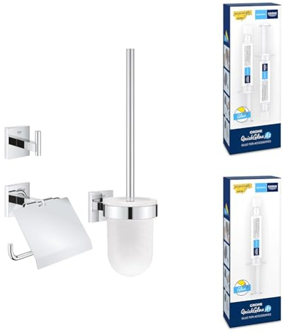 Bundle aus GROHE Start Cube - WC- Set 3-in-1 (verdeckte Befestigung, Material: Glas/Metall, langlebig), chrom, 41123000 + GROHE QUICKFIX - Kleber A1, 41127000 + Kleber A2, 41128000