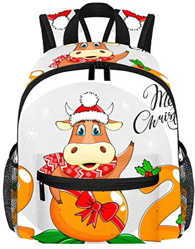 DJROW Lustiger Stier in einem Schal und Mütze, Kleinkind, Jungen, Mädchen, Kindergarten, Kindergarten, Schulrucksack, mehrfarbig, 10x4x12 in