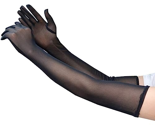 JOYOLA Damen Lange Tüll-Opernhandschuhe Schwarz -Vintage Nahtlos Nylon Durchsichtig Ellenbogen Lang für Hochzeit Abend Cocktail