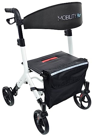 Mobility Plus+ Design Rollator DR10+ Weiß - Indoor & Outdoor, schmal & faltbar - höhenverstellbare Gehhilfe für Senioren mit Rückengurt & Tasche - Innenliegende Bremszüge ohne störende Kabel