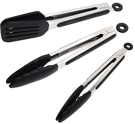 Alimat PluS 3PCS Cooking Tongs with Holder, Silicone Tip Tongs (9+9+7Inch), Useful Kitchen Tongs, Locking Function