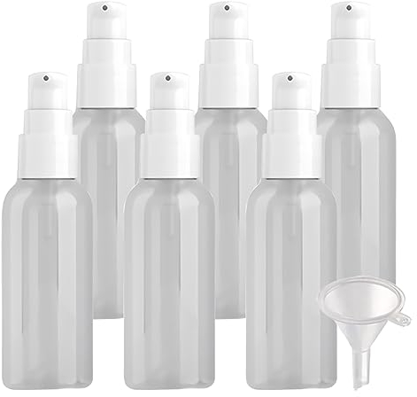 ZEOABSY 6 Pieces 50 ml Transparent Lotion Bottles with White Pump, 50ml Empty PET Plastic Lotion Pump Bottle Cosmetic Gel Travel Container for Cosmetic, Make up, Cleaning + 1 x Funnel