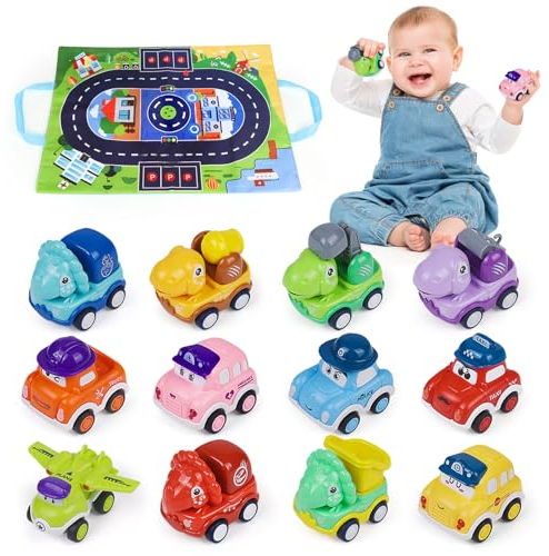 Norkbeng Petite Voiture Enfant 1 2 Ans, 12 Pièces Bebe Mini Jouet Voiture avec Sac de Rangement, Jeux Éducatifs Camion pour 12-18 Mois, Friction Véhicules Cadeaux pour Garçons et Filles