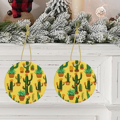 Ornements en porcelaine - Cactus jaune - Décoration de Noël ronde à suspendre en céramique - Décoration de Noël pour le Nouvel An - Décoration d'intérieur