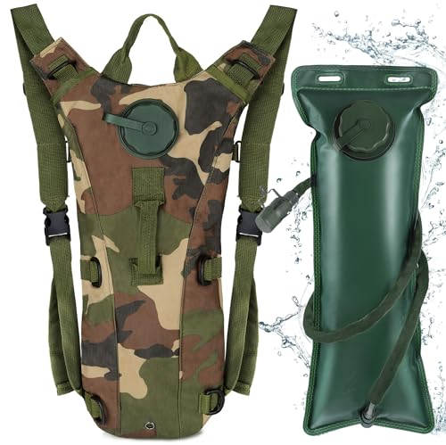 Neloheac Taktischer Trinkrucksack mit 3L Wasserblase, Leckdicht Wasserrucksack Damen Herren, Wanderrucksack mit Trinkblase Fahrrad Laufen MTB Ski Wandern, Tarnung