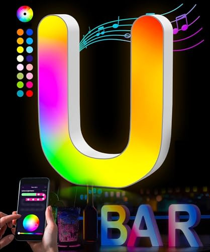 Kimimara LED Buchstaben Lichter Alphabet - LED Brief Licht mit USB-Netzteil，APP-Kontrolle Musik Sync Dimmbar für Geburtstag Weihnachten Hochzeit Party Valentinstag & Festival Dekoration (U)