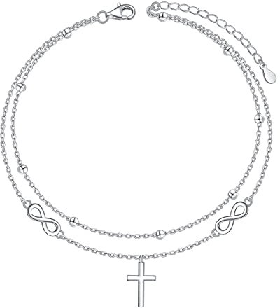 HOOHWE Infinity Kreuz Fußkettchen für Damen 925 Sterling Silber Layered Ankle Bracelet Längenverstellbar Fusskettchen für Frauen und Mädchen Sommer Fusskette