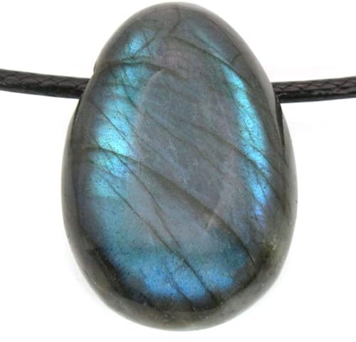 Véritable pendentif en labradorite en forme de goutte avec ruban en coton ciré - Pierre de tambour percée - Fermeture rotative en acier inoxydable
